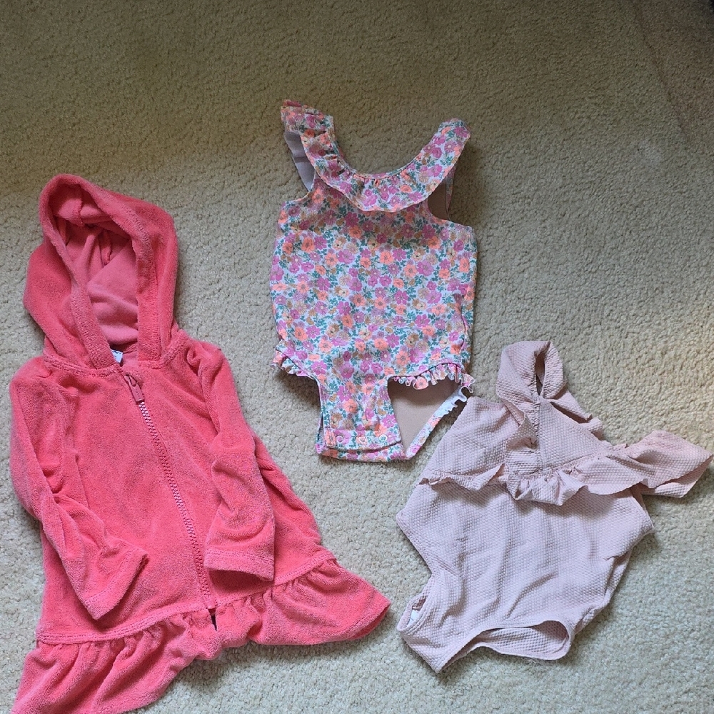 Pink Hooded Cover-Up and Floral Swimsuits Set